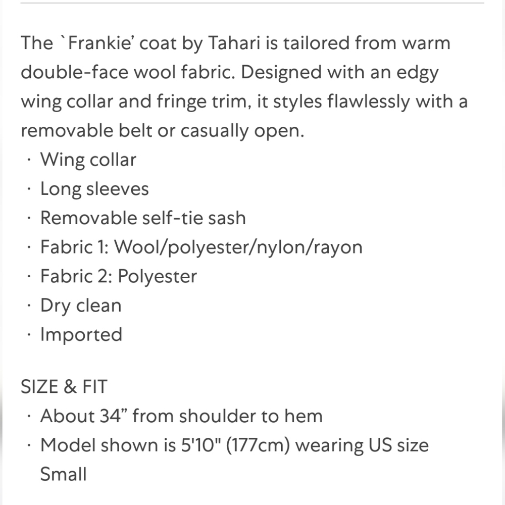 NWT TAHARI | $350 Fringed Front Tie Coat - Picture 6 of 6